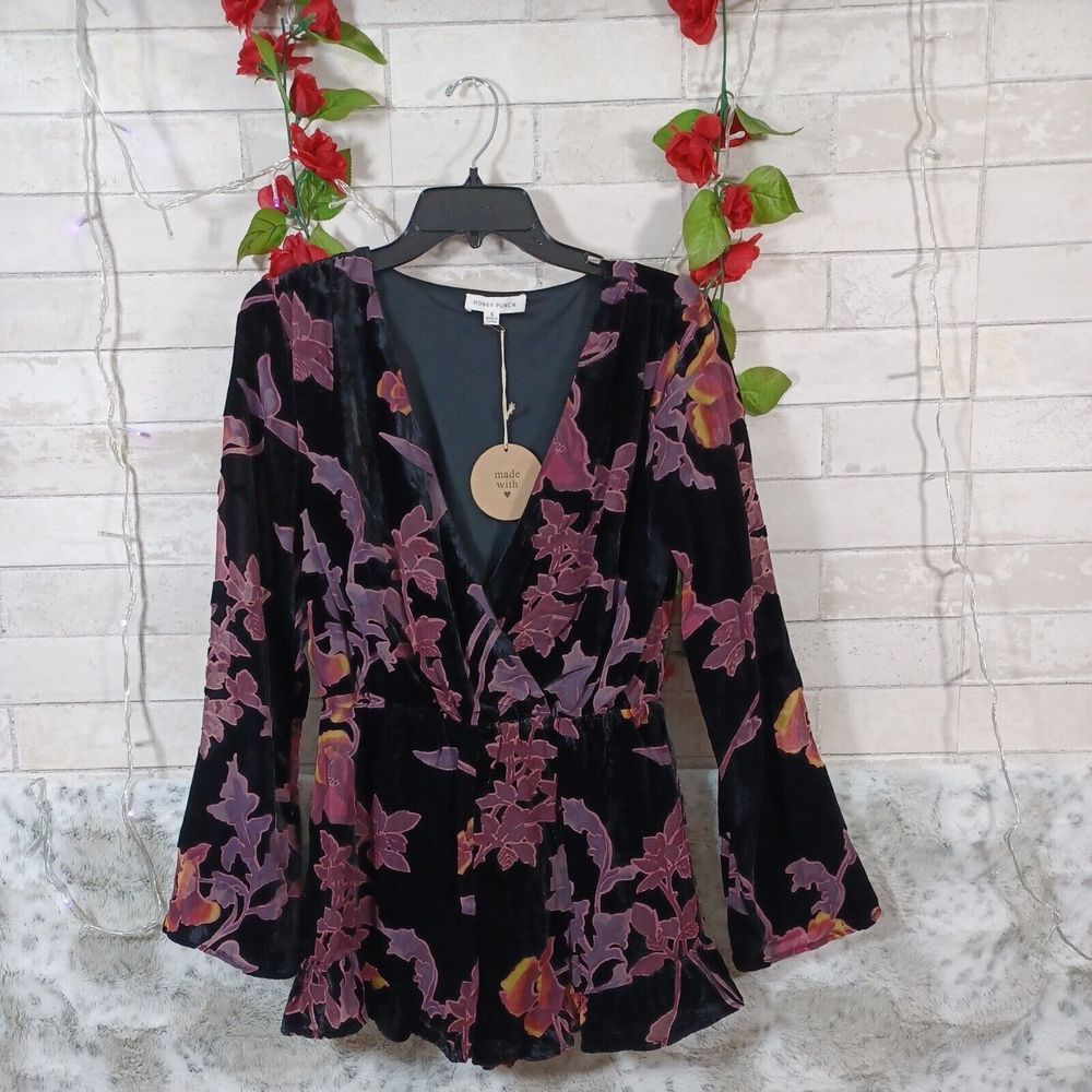 Honey Punch Size S velvet burnout romper with ruffle hem NWT